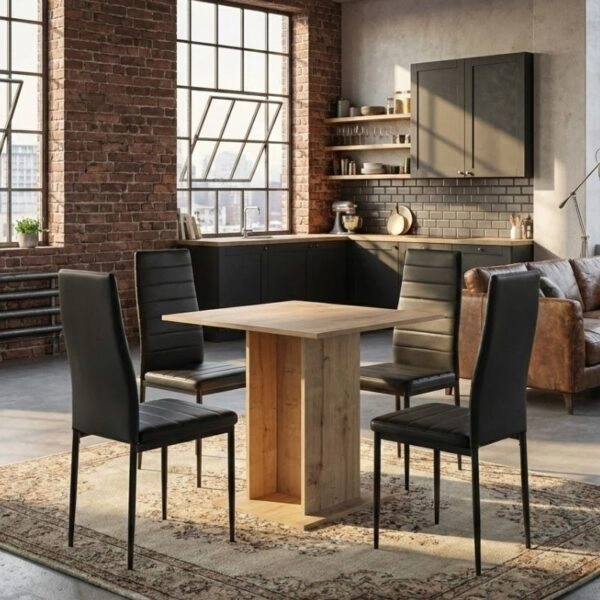 Σετ τραπεζαρία 5τμχ Allos - Rosa Megapap χρώμα sapphire oak - μαύρο 75x75x77εκ.