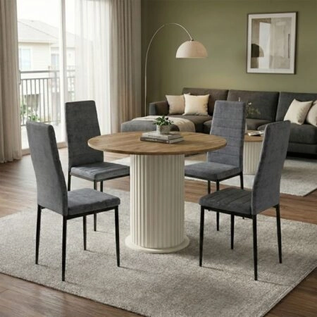 Σετ τραπεζαρία 5τμχ Bohema - Rosa Megapap χρώμα ivory/sepet oak - γκρι Ø90x77