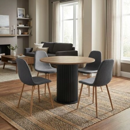 Σετ τραπεζαρία 5τμχ Bohema - Iris Megapap χρώμα μαύρο/sepet oak - γκρι/φυσικό πόδι Ø90x77,7εκ.