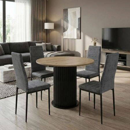 Σετ τραπεζαρία 5τμχ Bohema - Rosa Megapap χρώμα μαύρο/sepet oak - γκρι Ø90x77