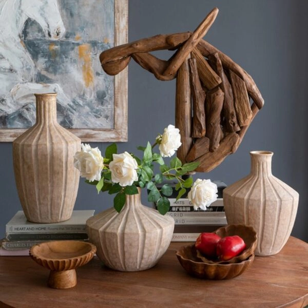 Artekko Candia Μπεζ Βάζο από Τερακότα με Χρυσό Φινίρισμα (28x28x25.5)cm