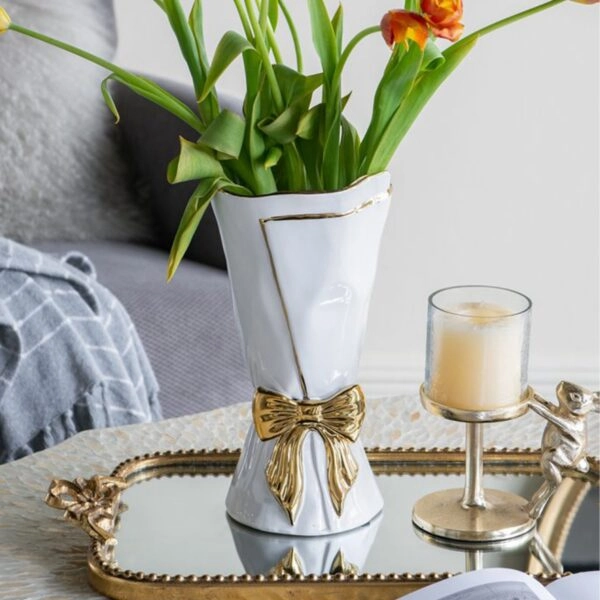 Artekko Glazed Λευκό Κεραμικό Βάζο με Χρυσές Λεπτομέρειες (15.5x15.5x30.7)cm