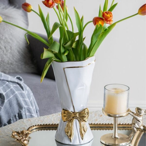 Artekko Glazed Λευκό Κεραμικό Βάζο με Χρυσές Λεπτομέρειες (15.5x15.5x30.7)cm