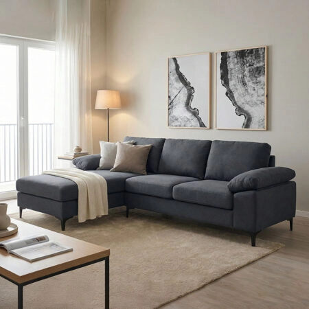 Γωνιακός καναπές Cohen pakoworld με δεξιά γωνία ύφασμα σε ανθρακί απόχρωση-πόδι μαύρο μέταλλο 240x159x83εκ