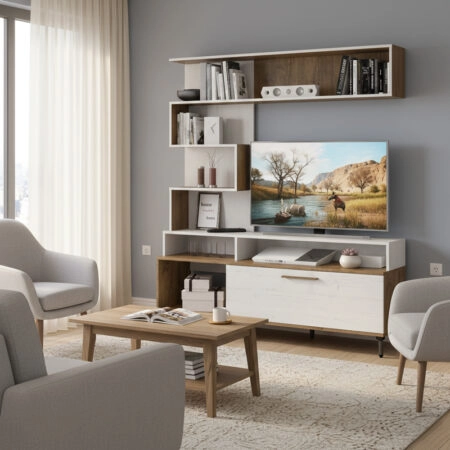 Σύνθετο σαλονιού Jasper  καρυδί-αντικέ λευκό 151.5x37.5x169.5εκ