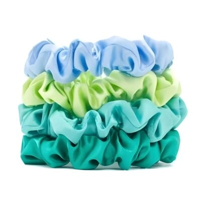 Χειροποίητά λαστιχάκια μαλλιών scrunchies, σε απαλό μπλε, λαχανί, τυρκουάζ, και γαλαζοπράσινο