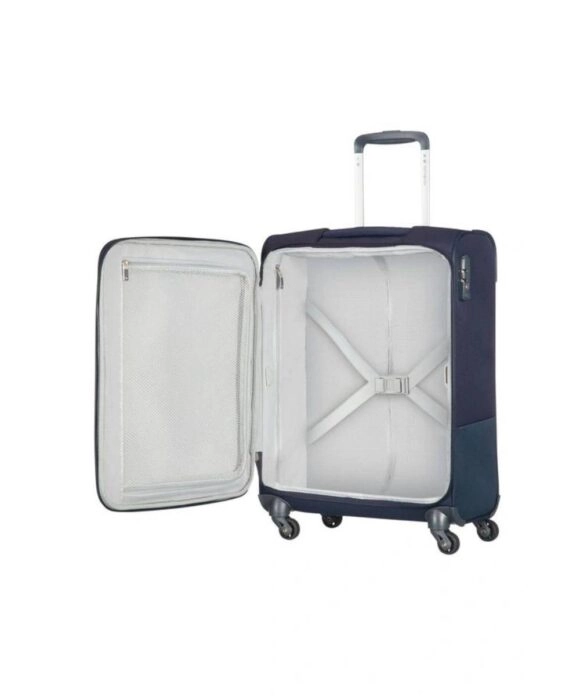 Βαλίτσα καμπίνας Samsonite Base Boost με 4 ρόδες σε μπλε χρώμα, ανοιχτή