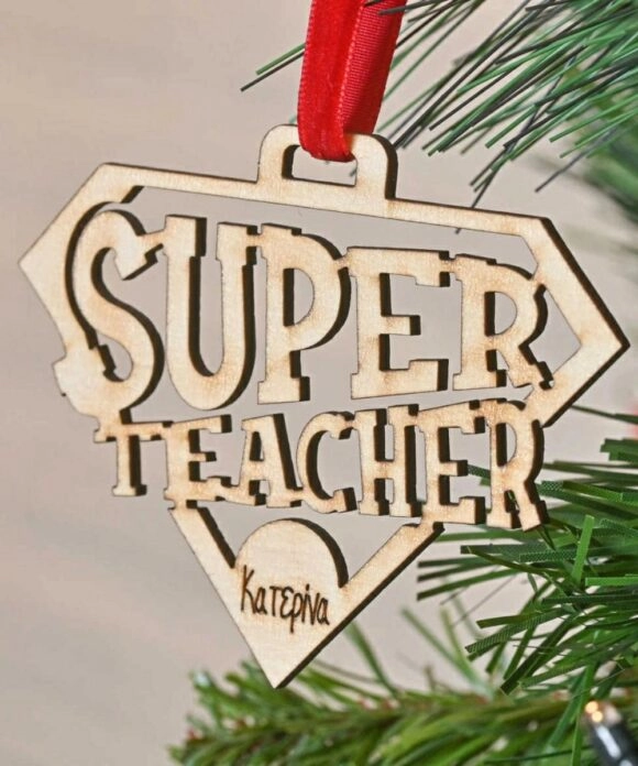 Χειροποίητο Κρεμαστό Ξύλινο Στολίδι "Super Teacher"