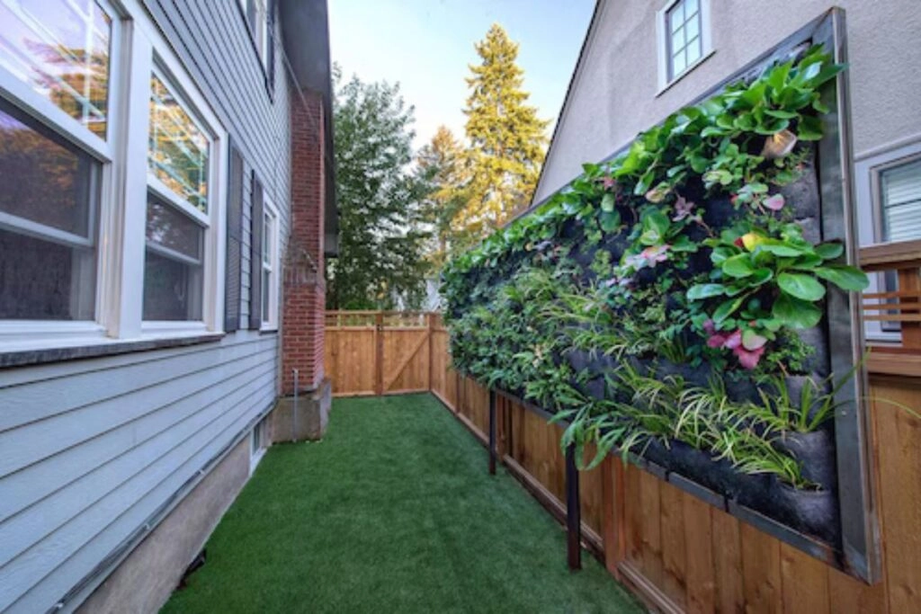 Μικρός κήπος με κάθετο κήπο σε τοίχο και γκαζόν σε στενό χώρο