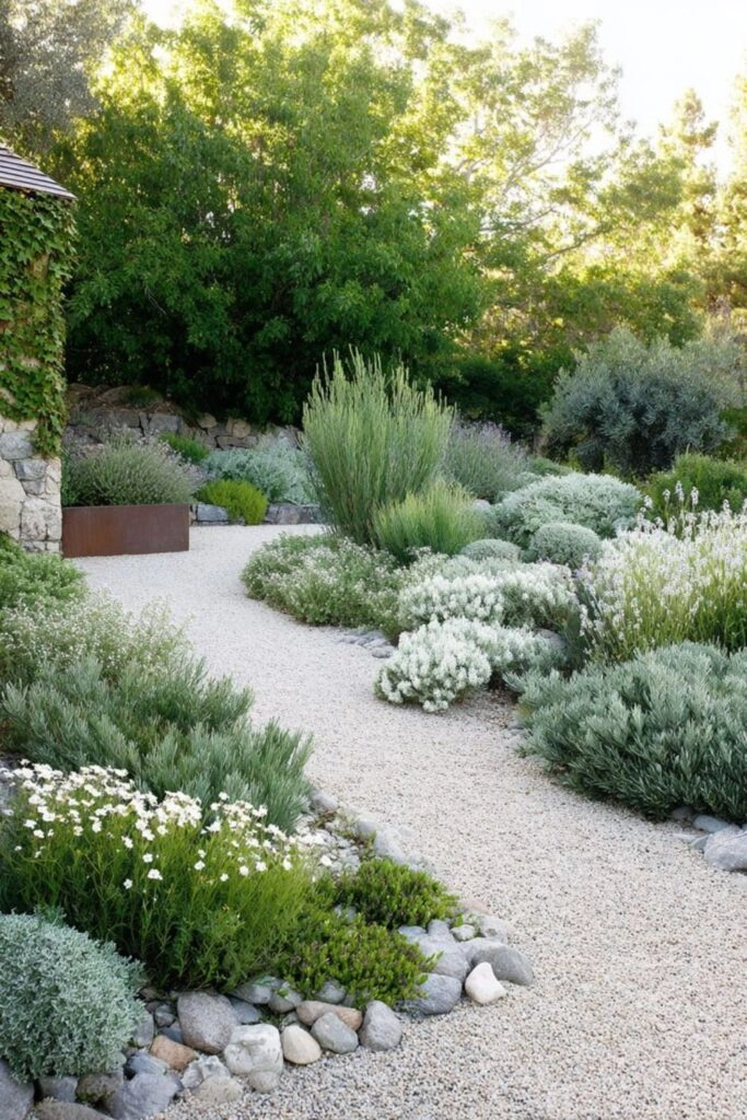 Κήπος χωρίς γκαζόν με χαλίκι, χαμηλή μεσογειακή φύτευση και φυσική διαμόρφωση