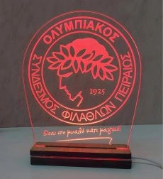Φωτιστικό LED Ολυμπιακός με ξύλινη χειροποίητη βάση