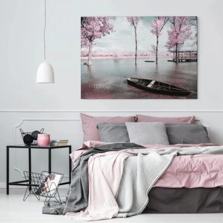 Πινακας σε καμβά PINK LAKE BOAT - Ανθη Δεντρων