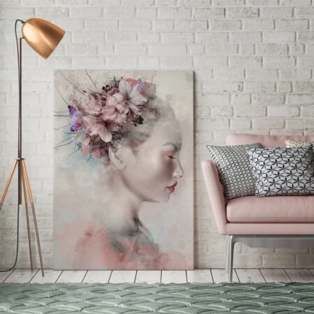 Πινακας σε καμβά WATERCOLOR PORTRAIT OF A WOMAN WITH LILIES