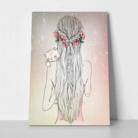 Πινακας σε καμβά HAND DRAWN LONGHAIR YOUNG GIRL WITH CAT - Πορτραιτα και Φιγουρες
