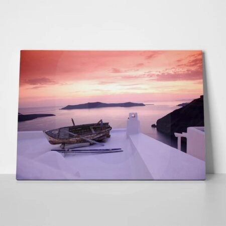 Πινακας σε καμβά SANTORINI ISLAND OLD FISHING BOAT ON WHITE ROOF