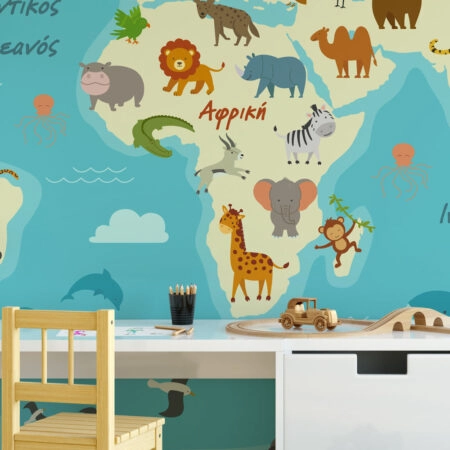 Αυτοκόλλητη Ταπετσαρία τοίχου CUTE ANIMALS WORLD MAP - Παιδικές Ταπετσαρίες Sticky 1