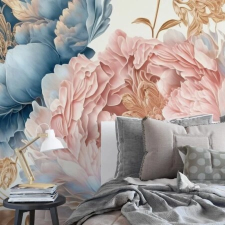 Αυτοκόλλητη Ταπετσαρία τοίχου PINK AND CYAN PEONIES - Floral - Λουλουδια Sticky 1