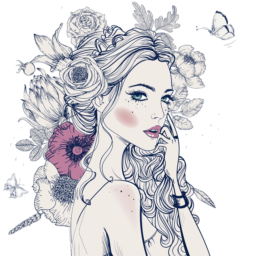 Πίνακας σε καμβά PORTRAIT YOUNG BEAUTIFUL WOMAN FLOWERS