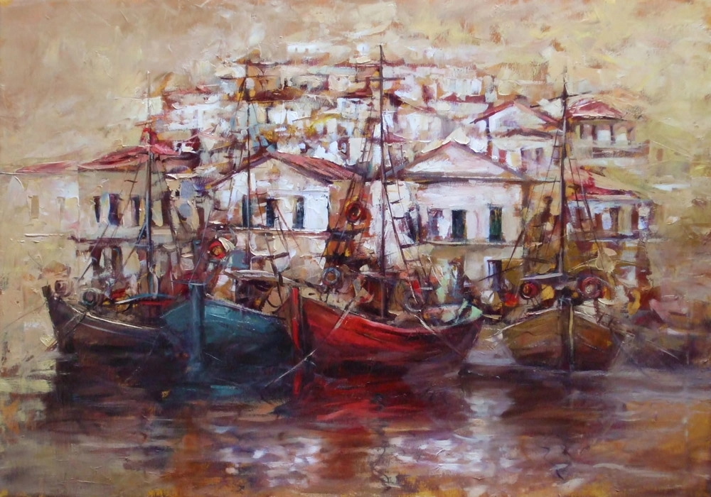 Πινακας σε καμβά BOATS ON ISLAND HARBOUR 5