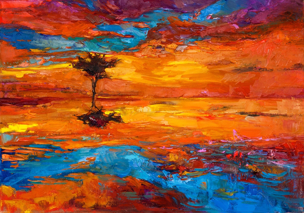 Πινακας σε καμβά GOLDEN SUNSET TREE