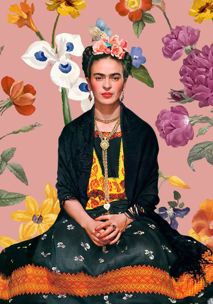 Πινακας σε καμβά FRIDA KAHLO ON PINK FLORAL