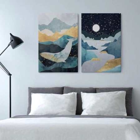 Σετ Δίπτυχος Πινακας σε καμβά ABSTRACT GOLD ILLUSTRATION WITH WHALE
