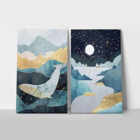 Σετ Δίπτυχος Πινακας σε καμβά ABSTRACT GOLD ILLUSTRATION WITH WHALE - Αφηρημενα και Abstract Sticky 1