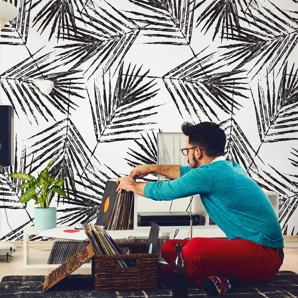 Αυτοκόλλητη Ταπετσαρία τοίχου BLACK INK PALM LEAVES