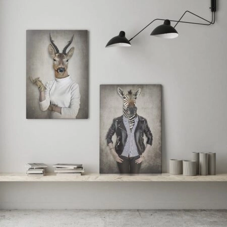 Σετ Δίπτυχος Πινακας σε καμβά DEER & ZEBRA IN CLOTHES