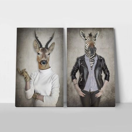 Σετ Δίπτυχος Πινακας σε καμβά DEER & ZEBRA IN CLOTHES - Μοδα και Διασκεδαση Sticky 1