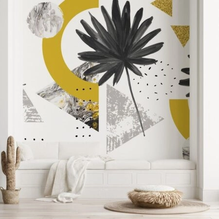 Αυτοκόλλητη Ταπετσαρία τοίχου FAN PALM LEAF GREY AND YELLOW