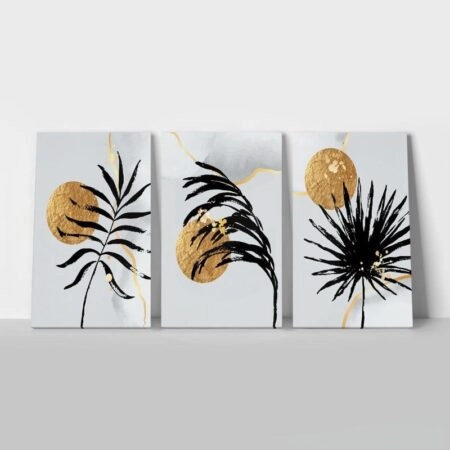 Σετ Τριπτυχος Πινακας σε καμβά GOLDEN SUN AND EXOTIC LEAVES - Botanical - Φυτα Sticky 1
