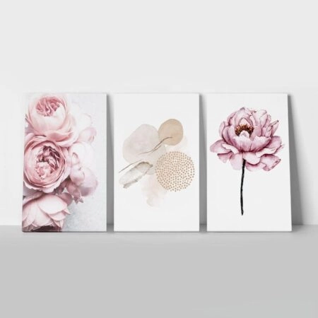 Σετ Τριπτυχος Πινακας σε καμβά PINK AND PURPLE PASTEL - Παιωνιες Sticky 1