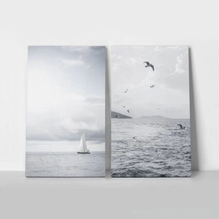 Σετ Δίπτυχος Πινακας σε καμβά SEAGULLS AND BOAT - Θαλασσα Sticky 1