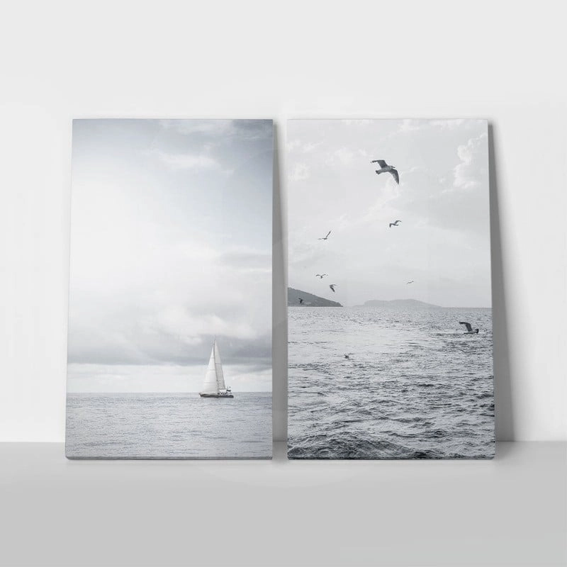 Σετ Δίπτυχος Πινακας σε καμβά SEAGULLS AND BOAT