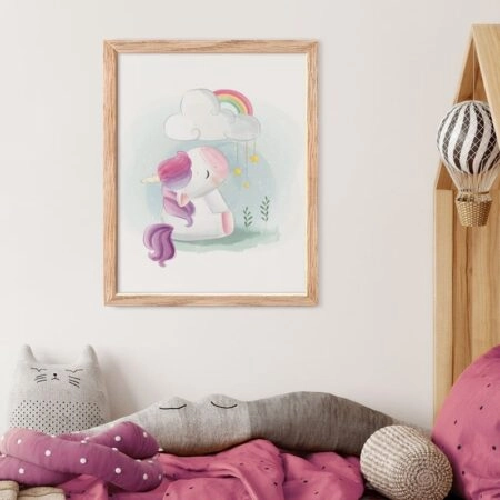Πόστερ CUTE UNICORN SITTING UNDER RAINBOW CLOUD - Παιδικά