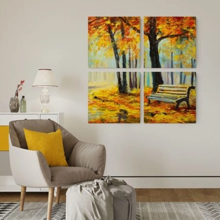 Τετράπτυχο σετ τετράγωνοι πίνακες OIL PAINTING FOREST BENCH - Δασος