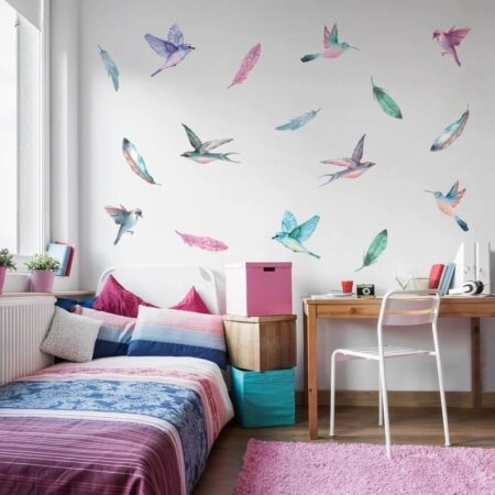 Αυτοκόλλητο τοίχου WATERCOLOR BIRDS AND FEATHERS