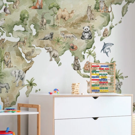 Αυτοκόλλητη Ταπετσαρία τοίχου MAP WITH ANIMALS AND NATURAL ELEMENTS - Παιδικές Ταπετσαρίες Sticky 1