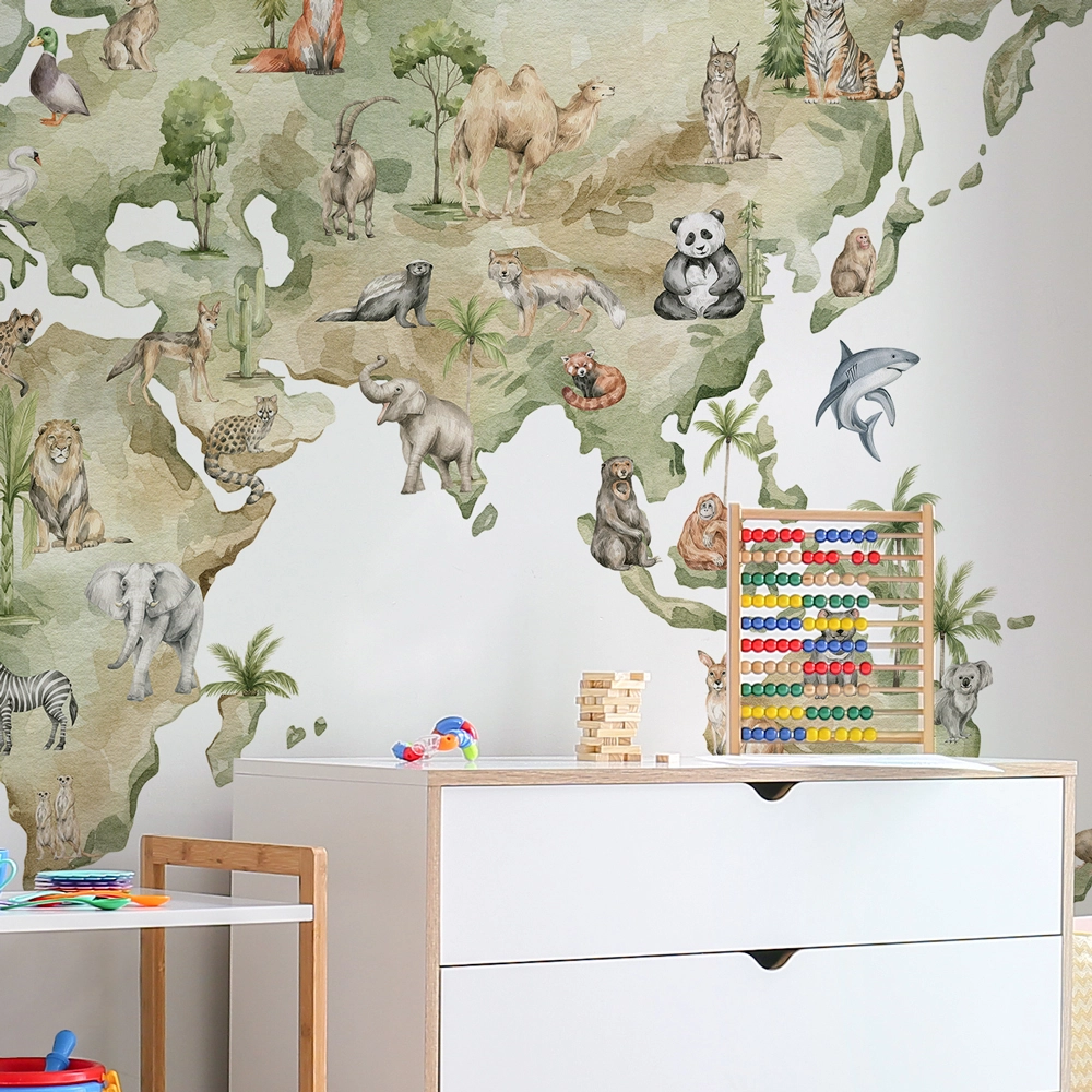 Αυτοκόλλητη Ταπετσαρία τοίχου MAP WITH ANIMALS AND NATURAL ELEMENTS