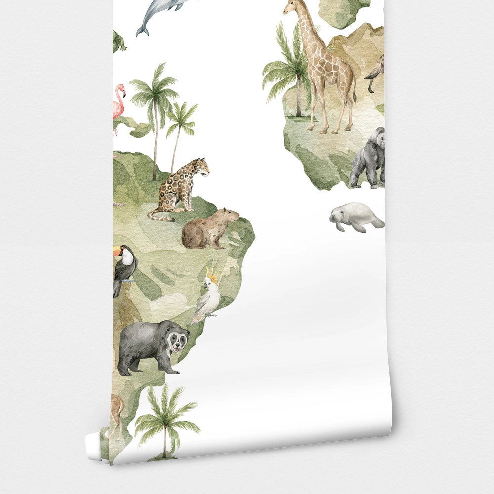 Αυτοκόλλητη Ταπετσαρία τοίχου MAP WITH ANIMALS AND NATURAL ELEMENTS