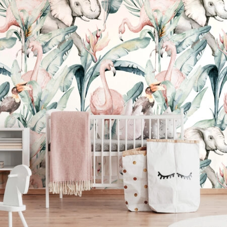 Αυτοκόλλητη Ταπετσαρία τοίχου TROPICAL FLAMINGO AND ELEPHANT