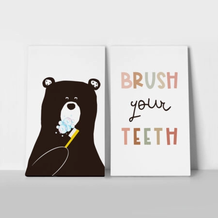 Σετ Δίπτυχος Πινακας σε καμβά BRUSH YOUR TEETH BEAR - Παιδικοι και set Sticky 1