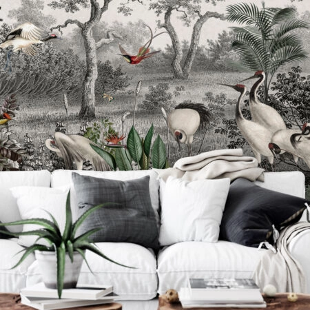Αυτοκόλλητη Ταπετσαρία τοίχου CRANES IN FOREST PAINTING - Tropical Sticky 1