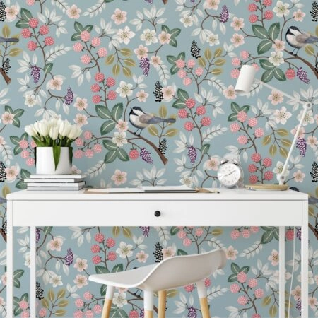 Αυτοκόλλητη Ταπετσαρία τοίχου FLORAL PATTERN WITH CUTE BIRDS - Floral - Λουλουδια Sticky 1