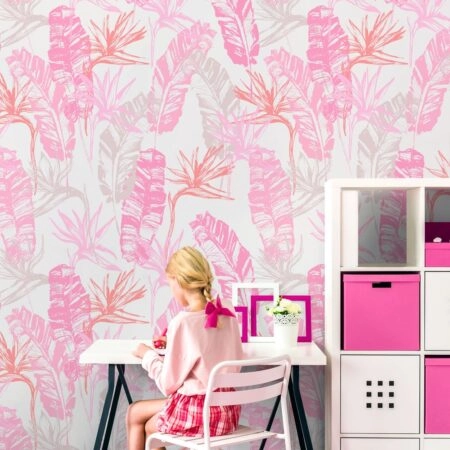 Αυτοκόλλητη Ταπετσαρία τοίχου PINK TROPICAL LEAVES