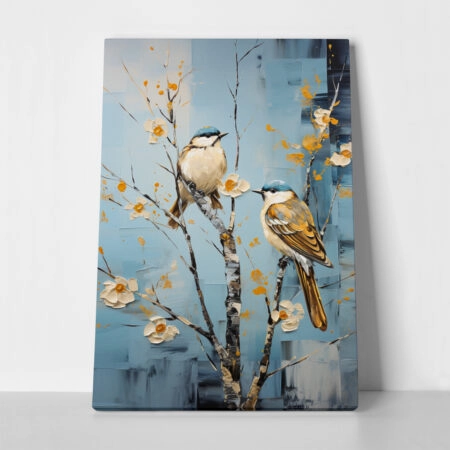 Πινακας σε καμβά TWO BIRDS ON A TREE WITH WHITE FLOWERS - Εργα Τεχνης Sticky 1