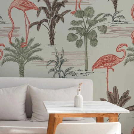 Αυτοκόλλητη Ταπετσαρία τοίχου TROPICAL PALM TREES AND FLAMINGOS - Tropical Sticky 1
