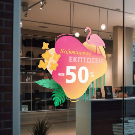 Αυτοκoλλητο Εκπτωσεων SUMMER SALE PINK FLAMINGO - Καλοκαιρινή βιτρίνα Sticky 1