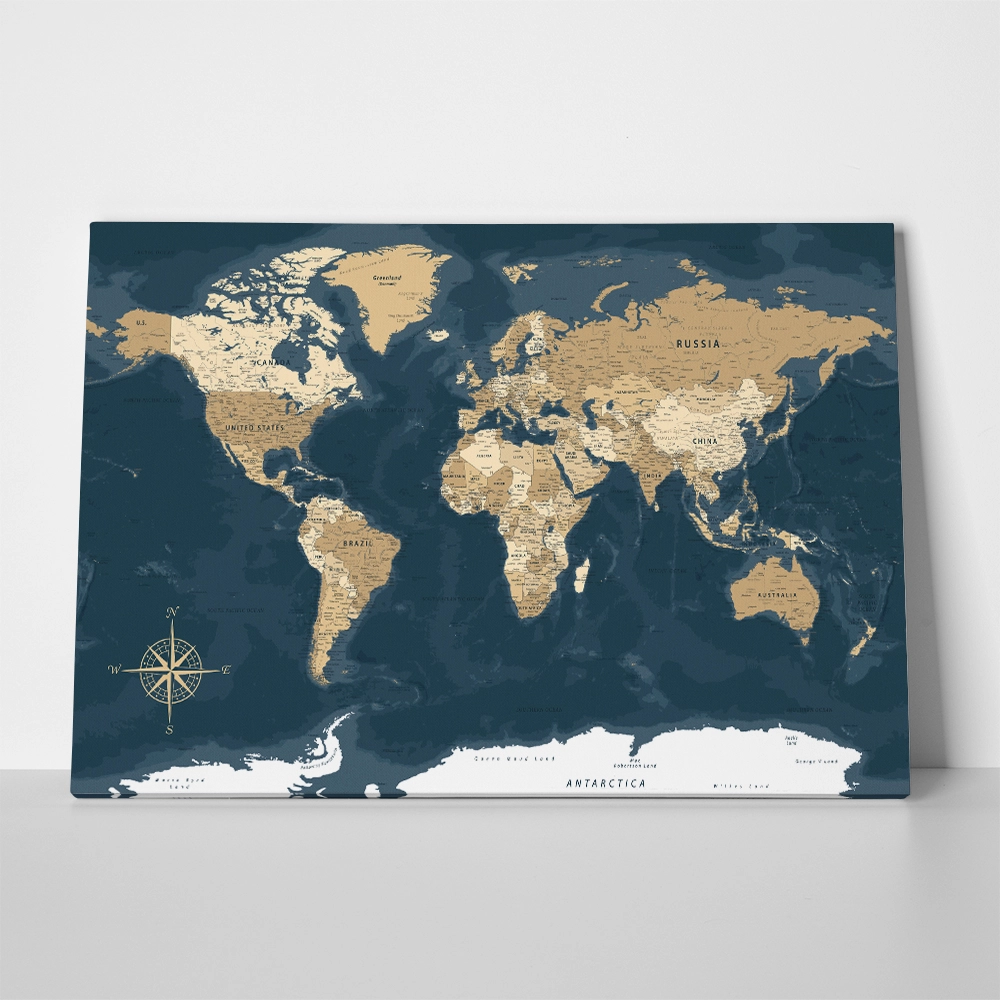 Πινακας σε καμβά BLUE AND BEIGE WORLD MAP